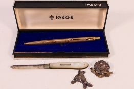 Lot to include a boxed Parker pen, silver bladed folding fruit knife,