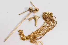A yellow metal (stamped 375) fine trace chain, a similarly marked pin and ear studs, all A/F,