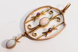 A rose metal (stamped 9ct) opal and amethyst pendant, 4 cm (l), approximately 2.2 grams.