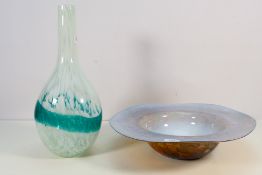 A large Murano glass vase of bottle form, approximately 40 cm (h) and a similar bowl with wide rim,