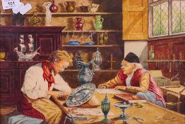 A mid-20th century watercolour depicting the interior of a silversmith's workshop with two figures
