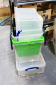 A collection of plastic storage boxes including two Really Useful (42l and 50l).