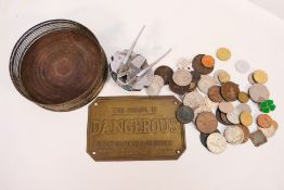 Lot to include a small quantity of coins, vintage Wolseley Winged W radiator cap,