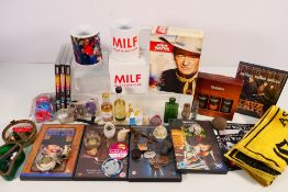A mixed lot to include whisky miniatures, John Wayne DVDs, pin badges, clay pipe parts and other.