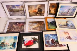 A collection of predominantly framed prints and similar depicting locomotives, trains and similar,