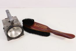 Lot to include a mahogany and inlaid LNWR clothes brush and a British Rail signal torch / lantern.