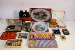 A mixed lot to include vintage shavers, cased binoculars, musical box, glassware and other.
