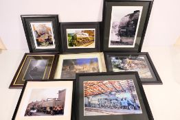A collection of framed prints, photographic images and similar depicting steam trains and similar,