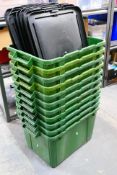 Storage Bins - 11 x green plastic storage bins with 10 x lids,