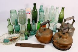 Lot to include vintage glass bottles, metalware and other. [2].