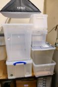 Six various sized plastic storage boxes including one 64 litre Really Useful.