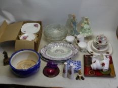 Mixed ceramics and glassware to include a boxed teaset, lady figure and similar. [2].