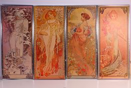 Four framed Art Nouveau prints after Alphonse Mucha, each approximately 70 cm x 29 cm image size.