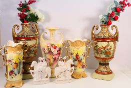 Lot to include a large pair of Japanese twin handled vases, Staffordshire style figures and other,