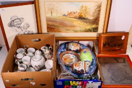 Lot comprising wall art to include a watercolour landscape scene, ceramics including tea wares,