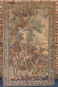 A large tapestry mounted to board depicting a hunting scene in a forest ( French style),