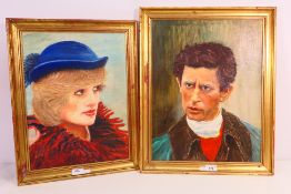 A pair of oil on board paintings, the first depicting the then Prince Charles,