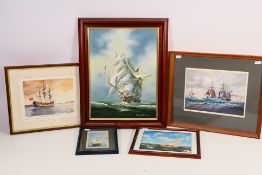 A collection of pictures of maritime interest, one oil on canvas and four prints,