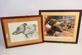 A pencil signed limited edition print depicting greyhounds by Mick Cawston,