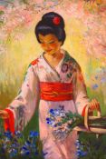 A framed oil on canvas depicting a Japanese lady in traditional dress collecting flowers,