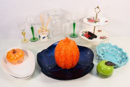 A collection of ceramics and glassware to include decanter, cake stand, glasses and other.