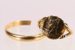 Two 9ct yellow gold rings (one with cut shank), the first a St Christopher ring, size J,