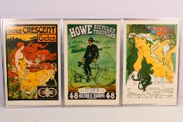 Three framed advertising prints comprising Howe Bicycles,