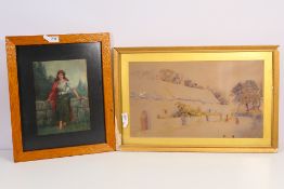 A watercolour depicting a lady seated on a wall and a watercolour rural landscape scene,