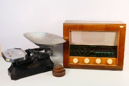 A vintage Bush AC34 radio and a set of Berry & Warmington Ltd, Weighwell scales with weights. [2].