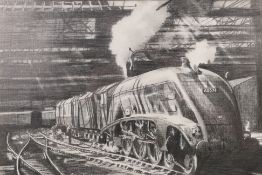 A pencil picture of a locomotive, signed Brian Rudd, mounted and framed under glass,