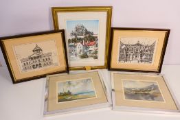 A collection of framed prints including two pencil signed Peter Shaw examples of Liverpool