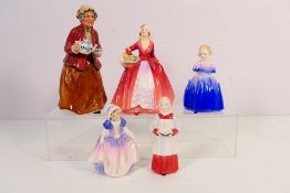 Five Royal Doulton figures to include # HN2255 Teatime, Janet, # HN2141 Choir Boy,