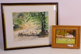 A watercolour titled verso Evening Flock, Crete, signed by the artist lower right Susan Humphries,