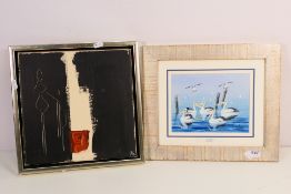 A watercolour painting titled Pelicans by Ivo Van Baak and an acrylic on canvas by Allan Ernstsen,
