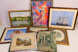 A collection of framed prints and similar including an oil on board landscape scene,