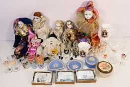 A mixed lot comprising glassware, ceramics including Wedgwood Jasperware and a quantity of dolls.