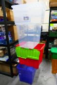 A collection of various sized plastic storage boxes, some with lids. [5].