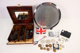 A mixed lot to include a travel grooming set, small quantity of coins, hip flask,
