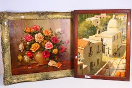 An oil on canvas floral still life of roses,