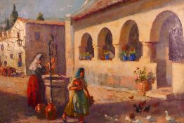 A framed continental oil on canvas street scene depicting ladies drawing water from a well,
