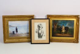 A collection of framed wall art to include print depicting a young girl looking out to sea,