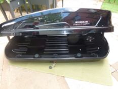 An Exodus 470 litre roof box in gloss black, approximately 43 cm x 80 cm x 178 cm, with two keys.