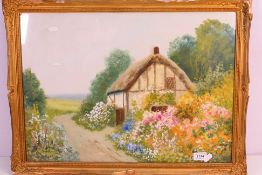 A watercolour landscape scene depicting a rural cottage, signed lower left by the artist F Walker,
