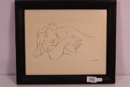 A framed etching after Henri Matisse, Sleeping Woman, approximately 23 cm x 29 cm excluding frame.
