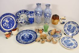 A collection of blue and white ceramics, a Doulton Lambeth tobacco jar and other.