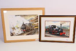 Two framed watercolour paintings of locomotives comprising Welsh Pony, Ffestiniog,