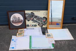Lot to include a pine framed mirror, board mounted jigsaw depicting a 1954 Mercedes W196,