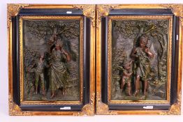 Two framed cold cast bronze (resin) relief plaques after Auguste Moreau,