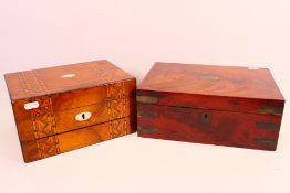 A mahogany box with brass banding and a lap desk with inlaid decoration,