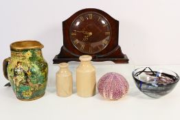 A mixed lot to include a Kosta Boda bowl, mantel clock, decoupage decorated jug and other.